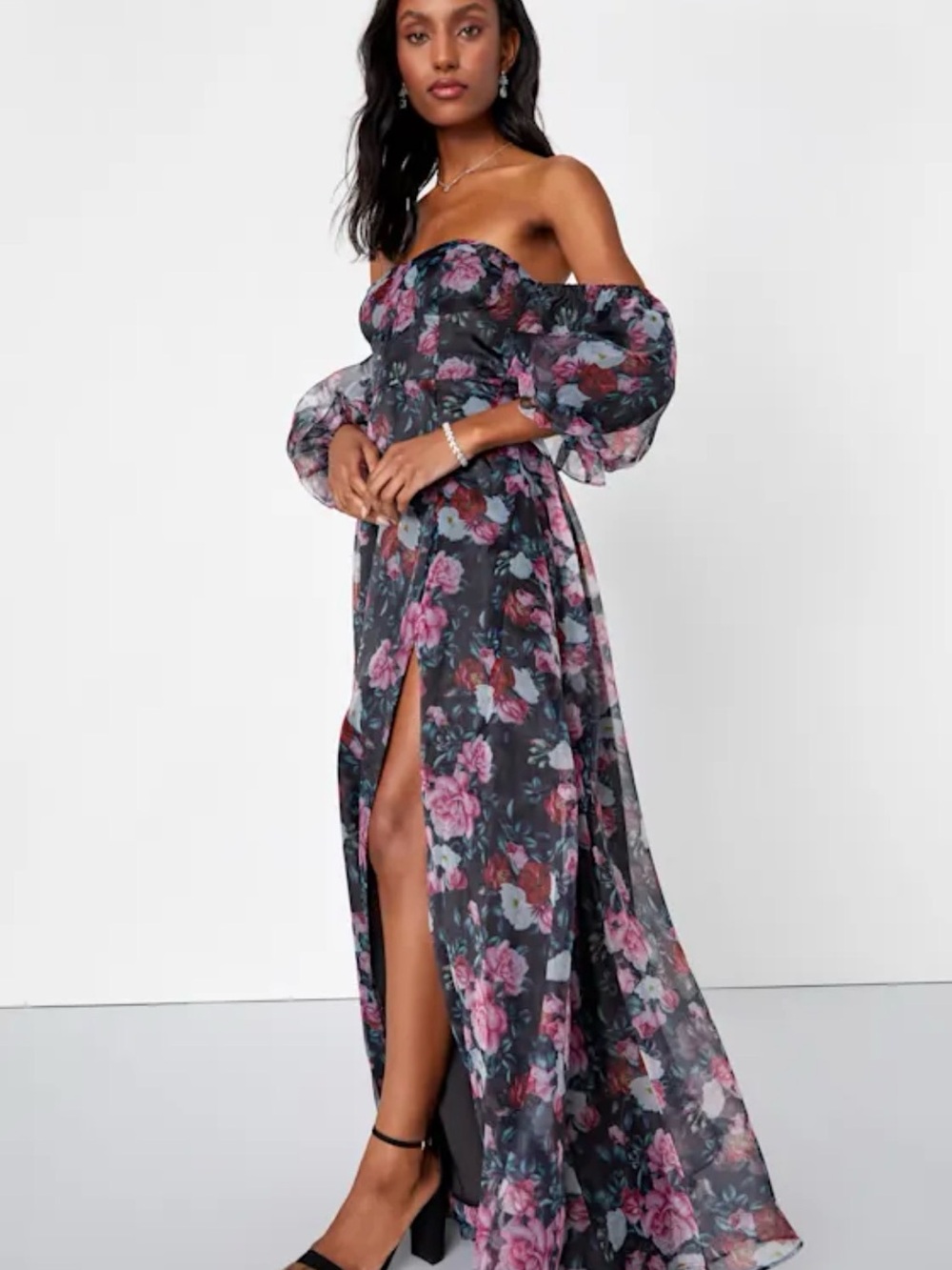 Lulus, True Excellence Black Floral Bustier Off-the-Shoulder Gown, Size M EUC - Picture 4 of 16